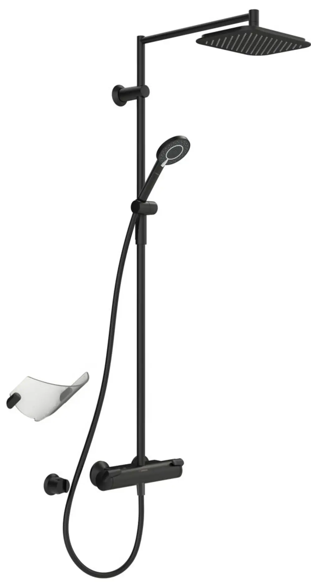 Schwarze Duscharmatur von HANSA mit Kopf- und Handbrause, Wandmontage, zwei Abstellgriffen und flexibler Wasserausgabe.